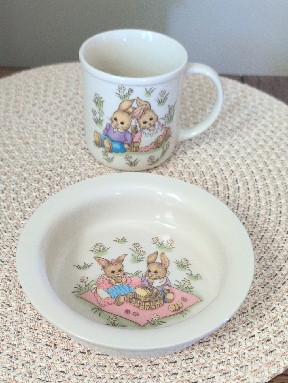 Vintage Shibata Japan "Baby Champs" Ceramic Mug & Bowl Set – Cute Bunny Picnic